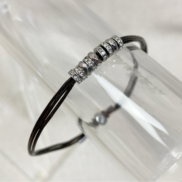 Fossil Rhinestone Pavé Silver Tone Beads on Leather Cord Adjustable Bracelet - Picture 1 of 4